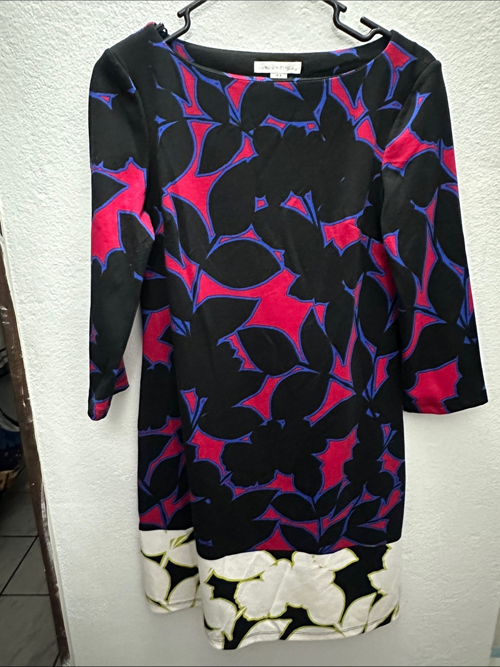 London Times Black Shift Dress with Magenta and Blue Floral Accents